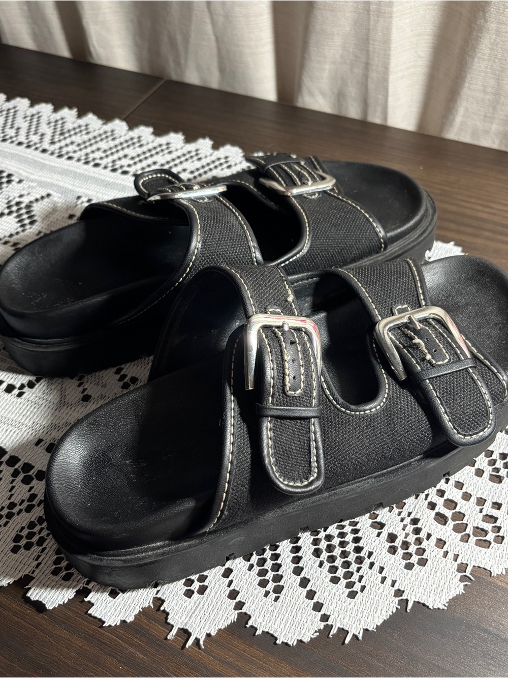 Black Double-Buckle Platform Sandals